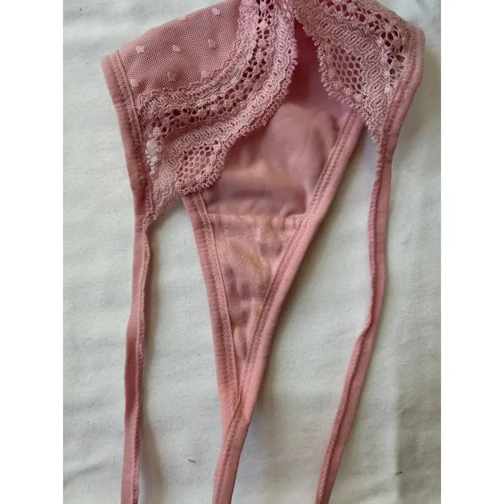 Maidenform Pink Mesh Lace Thong Size L Sheer Polka Dot Detail - Picture 3 of 4